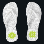 Grey and Green Floral Damask Monogram Jandals<br><div class="desc">Custom printed flip flop sandals with a stylish elegant floral damask pattern and your custom monogram or other text in a circle frame. Click Customise It to change text fonts and colours or add your own images to create a unique one of a kind design!</div>