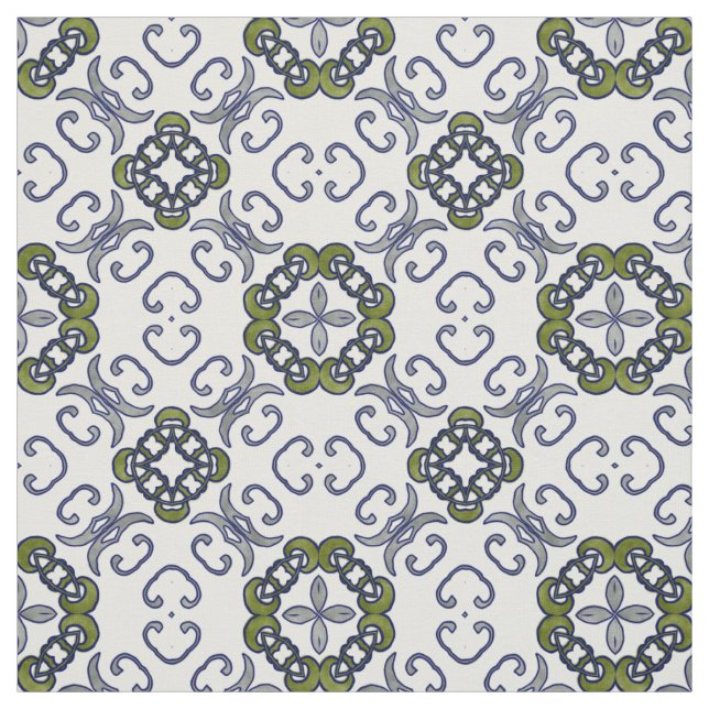 Grey and Green Floral Damask Pattern Fabric (Swatch)