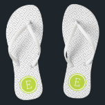 Grey and Green Greek Key Monogram Jandals<br><div class="desc">Custom printed flip flop sandals with a stylish modern Greek key pattern and your custom monogram or other text in a circle frame. Click Customise It to change text fonts and colours or add your own images to create a unique one of a kind design!</div>