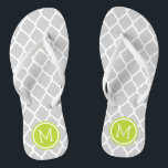Grey and Green Moroccan Quatrefoil Monogram Jandals<br><div class="desc">Custom printed flip flop sandals with a stylish Moroccan quatrefoil pattern and your custom monogram or other text in a circle frame. Click Customise It to change text fonts and colours or add your own images to create a unique one of a kind design!</div>