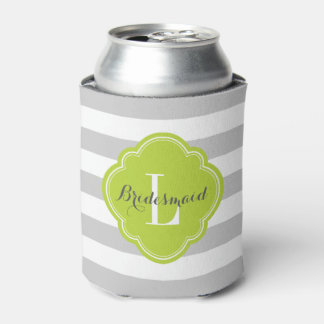Grey and Green Preppy Stripes Monogram Can Cooler