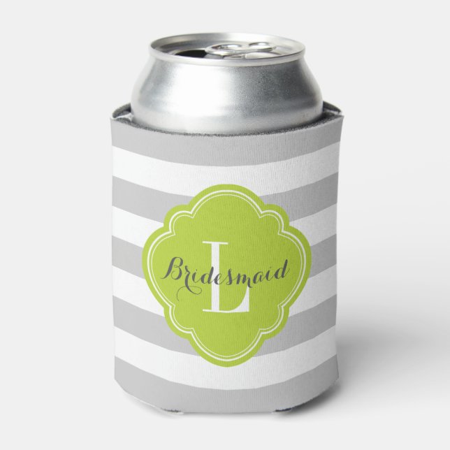 Grey and Green Preppy Stripes Monogram Can Cooler (Can Front)