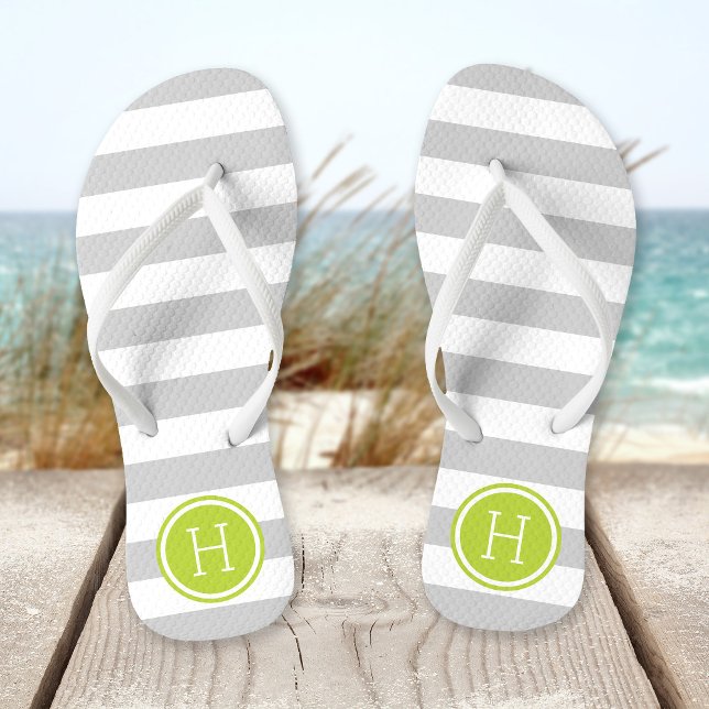 Grey and Green Preppy Stripes Monogram Jandals (Creator Uploaded)