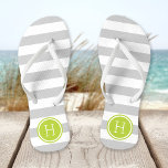 Grey and Green Preppy Stripes Monogram Jandals<br><div class="desc">Custom printed flip flop sandals with a preppy nautical stripe pattern and your custom monogram or other text in a circle frame. Click Customise It to change text fonts and colours or add your own images to create a unique one of a kind design!</div>