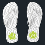 Grey and Green Trellis Monogram Jandals<br><div class="desc">Custom printed flip flop sandals with a stylish modern trellis pattern and your custom monogram or other text in a circle frame. Click Customise It to change text fonts and colours or add your own images to create a unique one of a kind design!</div>