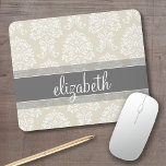 Grey and Ivory Vintage Damask Pattern with Name Mouse Pad<br><div class="desc">An elegant pattern with a classy font designed for a feminine woman. Add your name or monogram. If you need to make adjustments to the artwork,  click on the customise it button to make changes.</div>