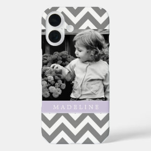 Grey and Lavender Zigzags Personalised Photo iPhone 16 Case