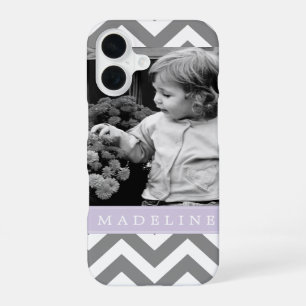 Grey and Lavender Zigzags Personalised Photo iPhone 16 Case