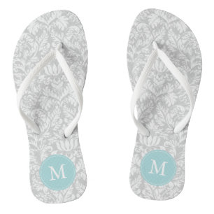 Grey and Light Blue Damask Pattern Monogrammed Jandals