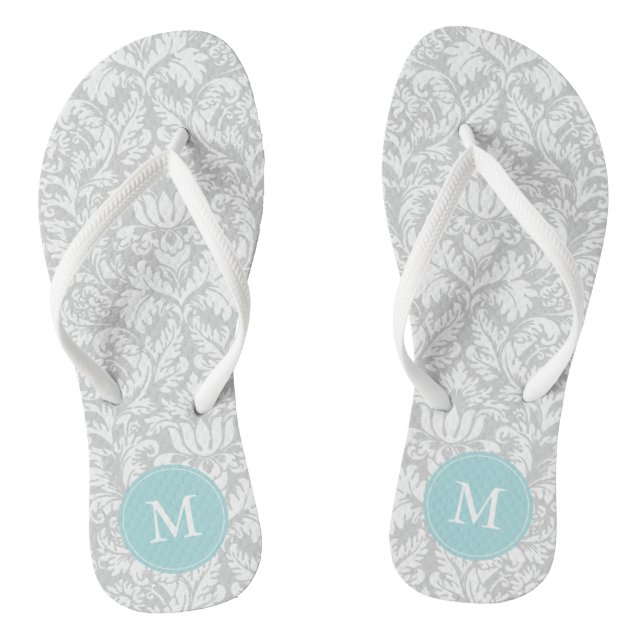 Grey and Light Blue Damask Pattern Monogrammed Jandals (Footbed)
