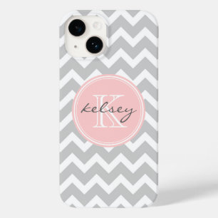 Grey and Light Pink Chevron Custom Monogram Case-Mate iPhone 14 Case