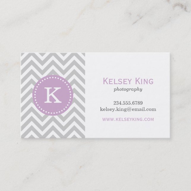 Grey and Lilac Purple Chevron Custom Monogram Business Card (Front)