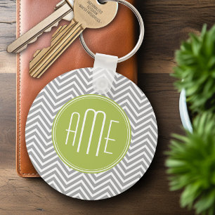 Grey and Lime Chevrons with Custom Monogram Key Ring