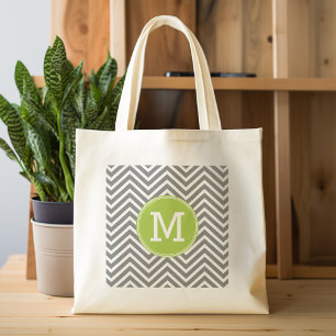 Grey and Lime Chevrons with Custom Monogram Tote Bag