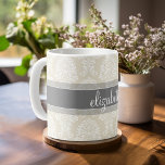 Grey and Linen Vintage Damask Pattern with Name Coffee Mug<br><div class="desc">An elegant pattern with a classy font designed for a feminine woman. Add your name or monogram. If you need to make adjustments to the artwork,  click on the customise it button to make changes.</div>