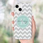 Grey and Mint Chevron Custom Monogram Case-Mate iPhone 14 Case<br><div class="desc">Cute and girly design with a modern preppy zigzag chevron pattern,  personalised with your custom monogram name and initial in a chic circle frame. Click Customise It to change the monogram text fonts and colours to create your own one of a kind design. Adorable and unique gifts!</div>