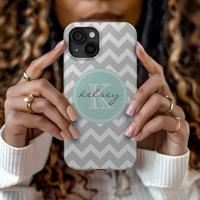 Grey and Mint Chevron Custom Monogram Case-Mate iPhone Case (Creator Uploaded)