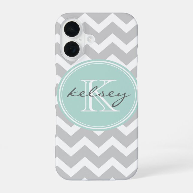 Grey and Mint Chevron Custom Monogram iPhone 16 Case (Back)