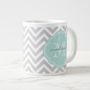 Grey and Mint Chevron Custom Monogram Large Coffee Mug