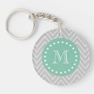 Grey and Mint Green Modern Chevron Monogram Key Ring