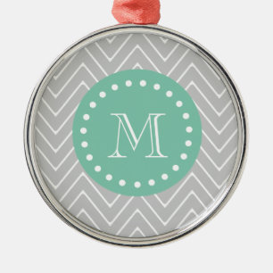 Grey and Mint Green Modern Chevron Monogram Metal Tree Decoration