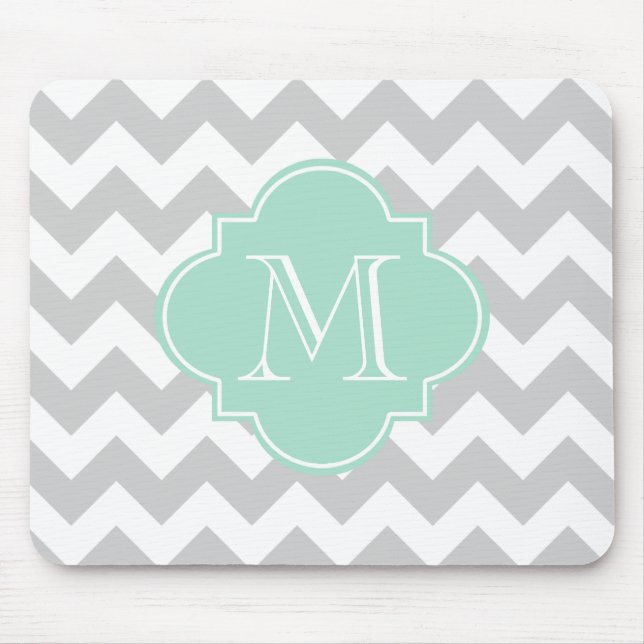 Grey and Mint Modern Chevron Custom Monogram Mouse Pad (Front)