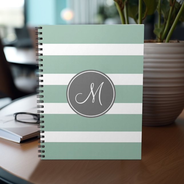 Grey and Mint Striped Pattern with Monogram Spiral Notebook (Personalized notebook - add your name or other text)