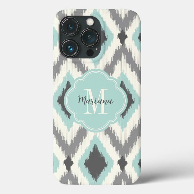 Grey and Mint Tribal Ikat Chevron Monogram Case-Mate iPhone Case (Back)