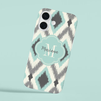 Grey and Mint Tribal Ikat Chevron Monogram iPhone 16 Case