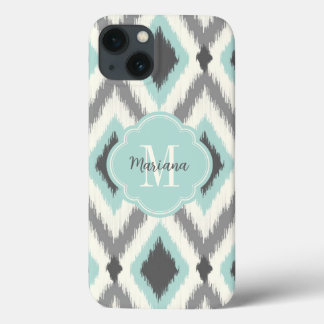 Grey and Mint Tribal Ikat Chevron Monogram iPhone 13 Case