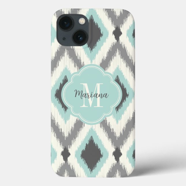Grey and Mint Tribal Ikat Chevron Monogram Case-Mate iPhone Case (Back)