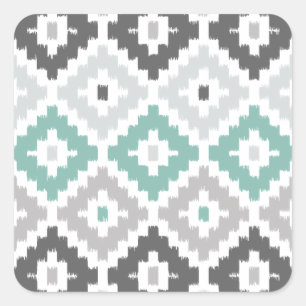 Grey and Mint Tribal Print Ikat Diamond Pattern Square Sticker