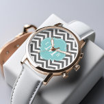 Grey and Mint Zigzags Monogram Watch<br><div class="desc">Elegant and chic watch design features a modern zigzags pattern,  an elegant quatrefoil or clover shaped frame,  and a three letter monogram.</div>