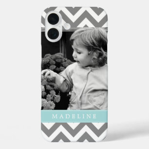 Grey and Mint Zigzags Personalised Photo iPhone 16 Plus Case