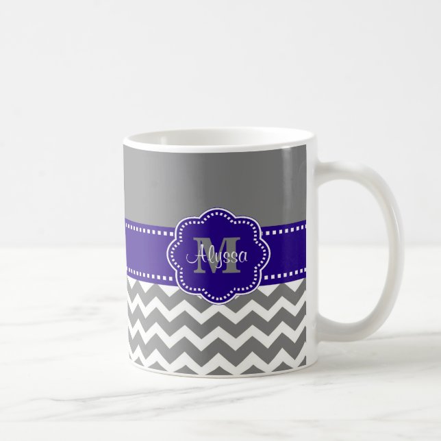Grey and Navy Blue Chevron Personalised Mug (Right)