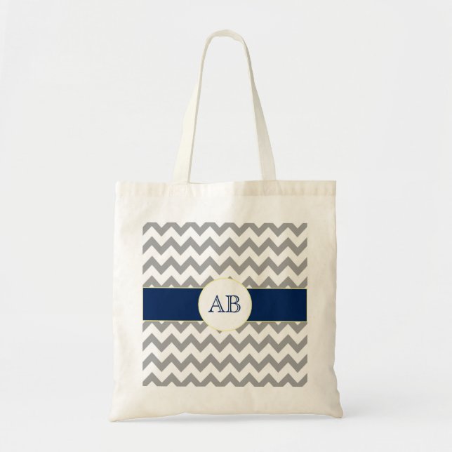 Grey and Navy Blue Chevron Striped Monogram Bag (Front)