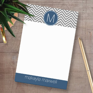 Grey and Navy Blue Chevrons with Single Monogram Post-it Notes