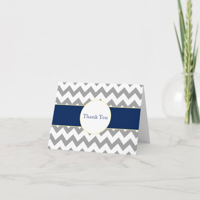 Grey and Navy Chevron Striped Monogram Thank You Card (Front)