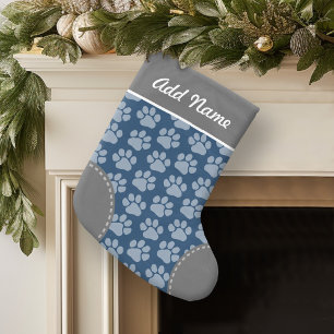 Grey and Navy Dog Paw Print Pattern Custom Name Small Christmas Stocking