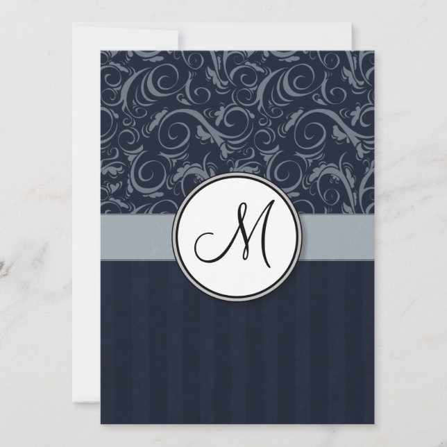 Grey and Navy Floral Wisps & Stripes with Monogram Invitation (Front)