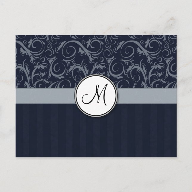 Grey and Navy Floral Wisps & Stripes with Monogram Postcard (Front)