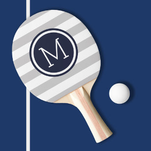 Grey and Navy Preppy Stripes Monogram Ping Pong Paddle