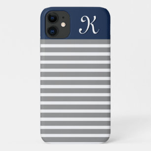 Grey and Navy Striped Pattern Monogram Case-Mate iPhone Case