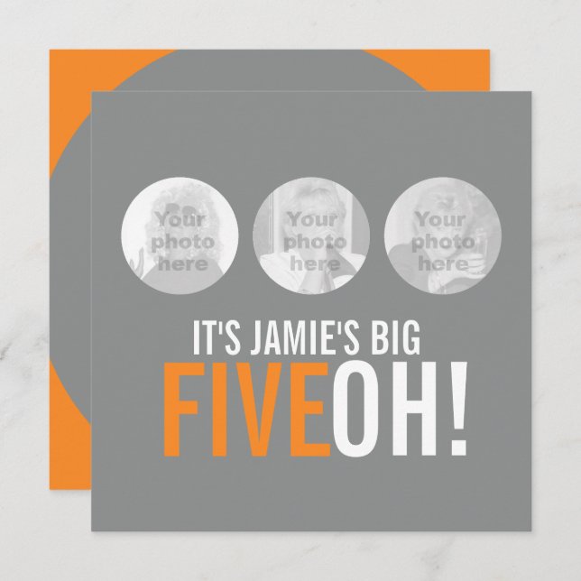 Grey and orange 50th FIVEOH! photo birthday invite (Front/Back)
