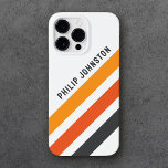 Grey and orange diagonal retro stripes white Case-Mate iPhone 14 pro max case<br><div class="desc">iPhone case featuring three diagonal stripes in dark grey and two shades of orange on a white background and your custom name in a bold,  modern sans serif font.</div>
