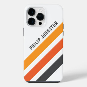 Grey and orange diagonal retro stripes white iPhone 14 pro max case