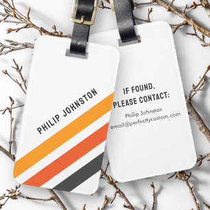 Grey and orange diagonal retro stripes white luggage tag