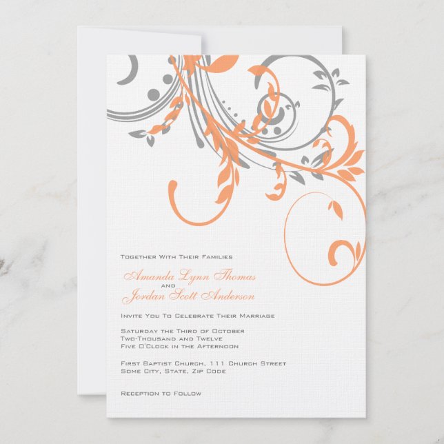 Grey and Orange Double Floral Wedding Invitation (Front)