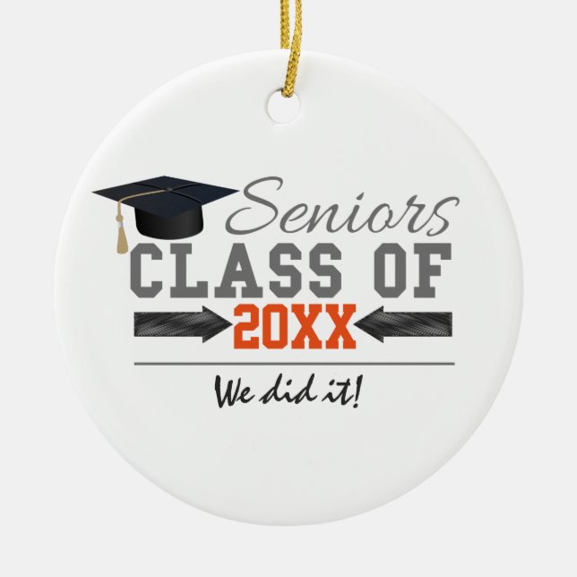 Grey and Orange Graduation Gear Ceramic Tree Decoration (Front)