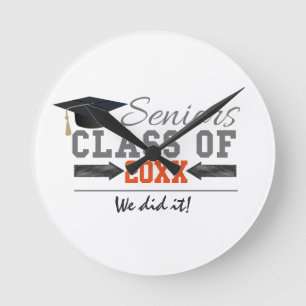Grey and Orange Graduation Gear Round Clock
